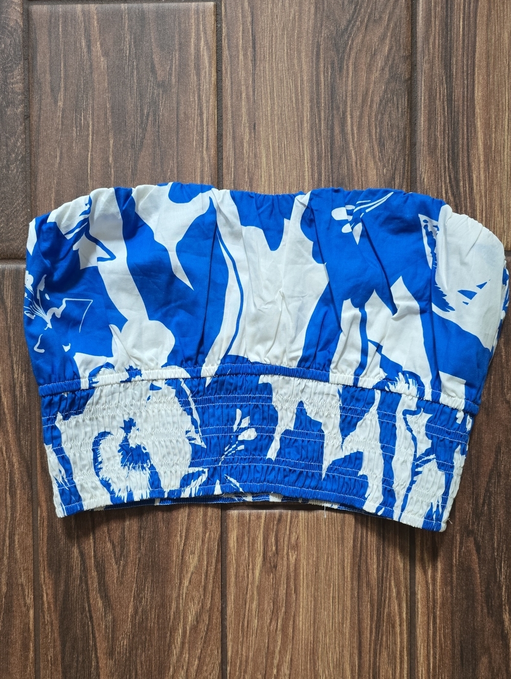 Lulu's Blue and White Strapless Smocked Crop Top